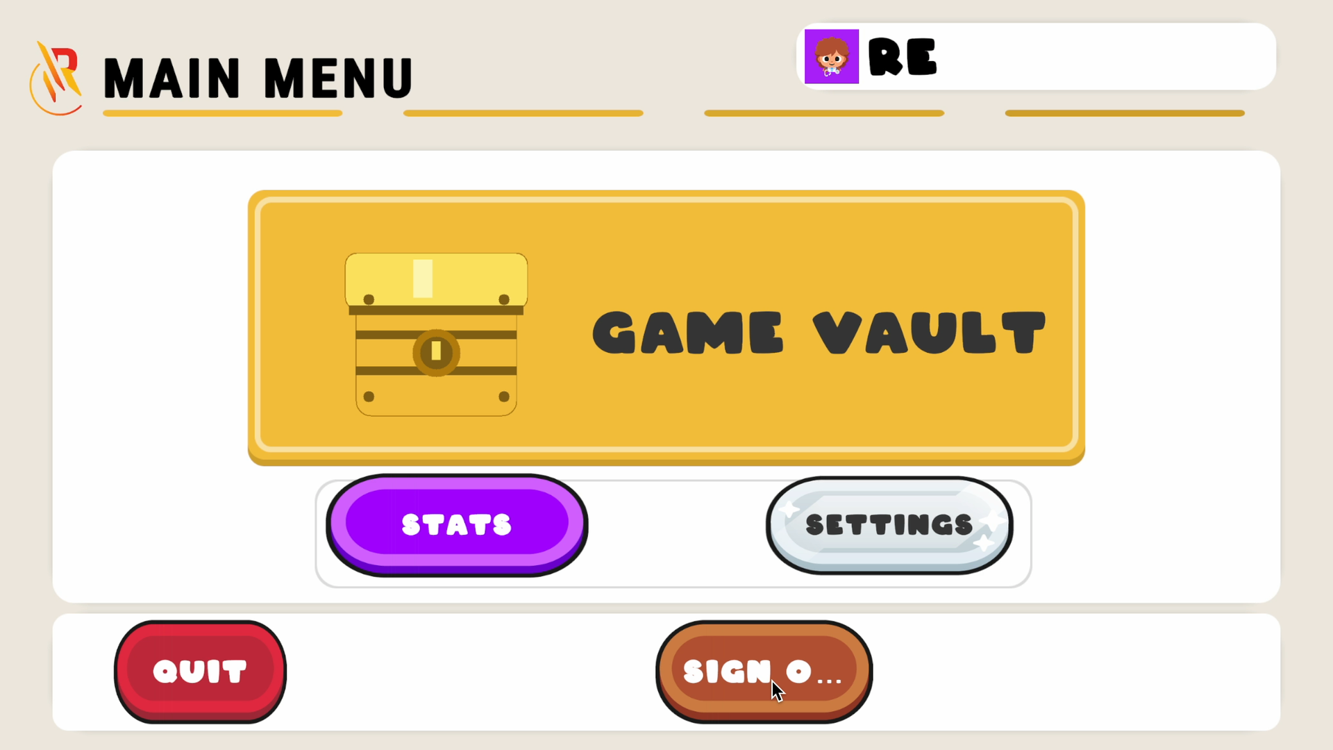 Reach main menu with access to Game Vault, player stats, and settings.