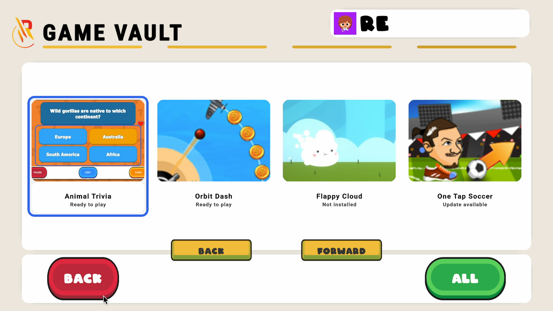 Reach Game Vault showing game tiles for the selected controller.
